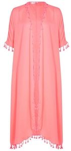 Coral Tassel Trim Maxi Kimono